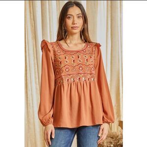 NWT SAVANNA JANE P19951 Orange Southwestern Geometric Embroidered Top SIZE 1X